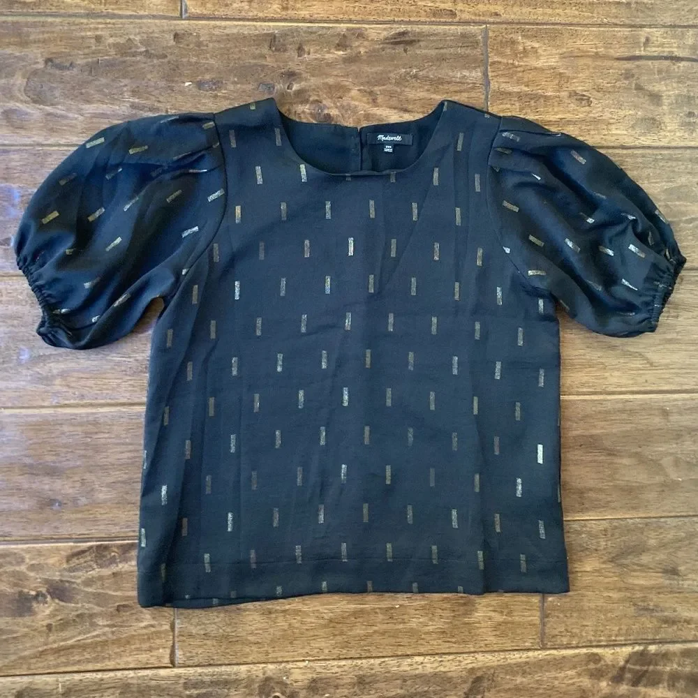 Madewell Metallic Jacquard Puff-Sleeve Top Black with Gold Button Neck Size XXS